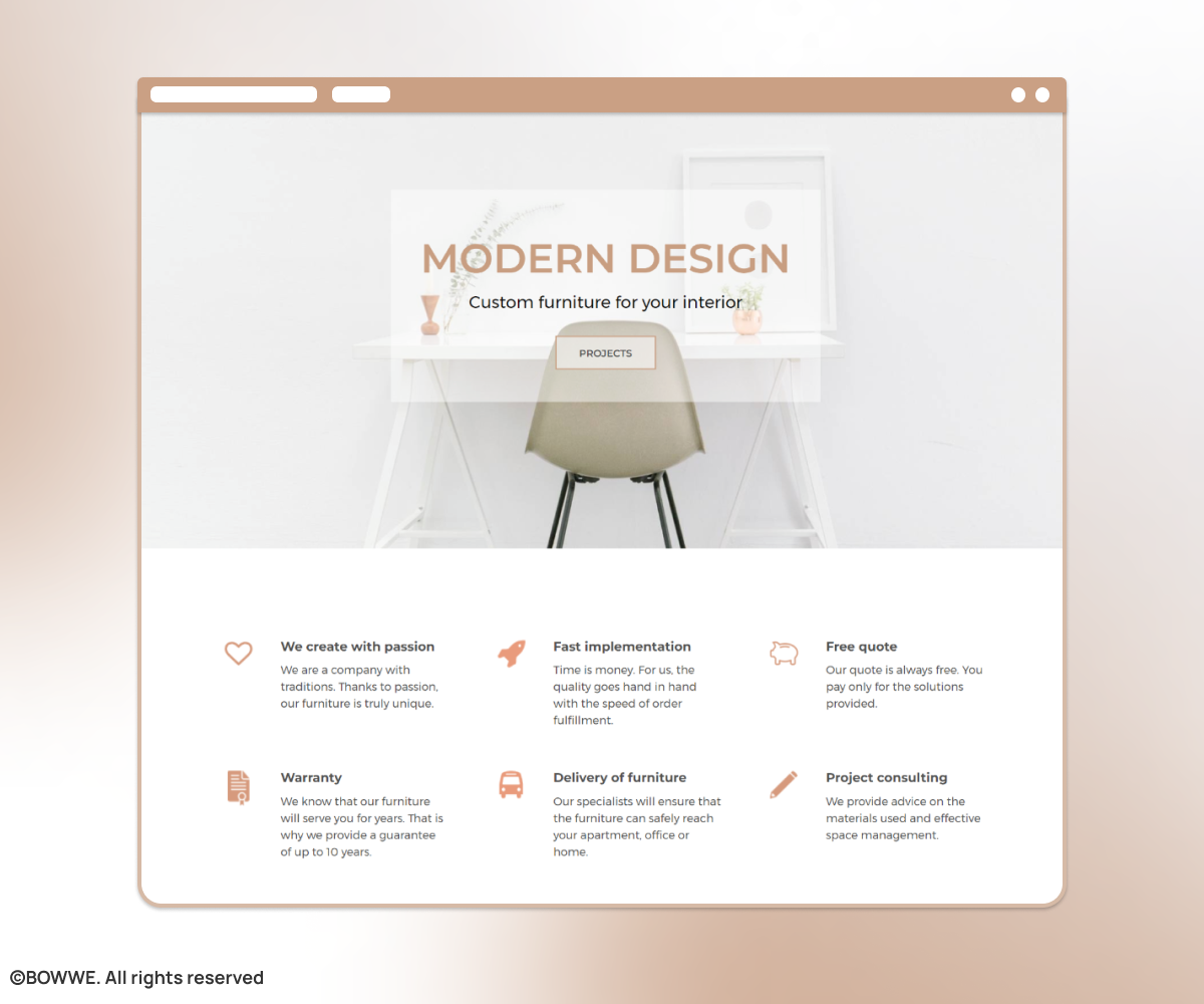 Screenshot from BOWWE template showing picture of desk on light-colored background