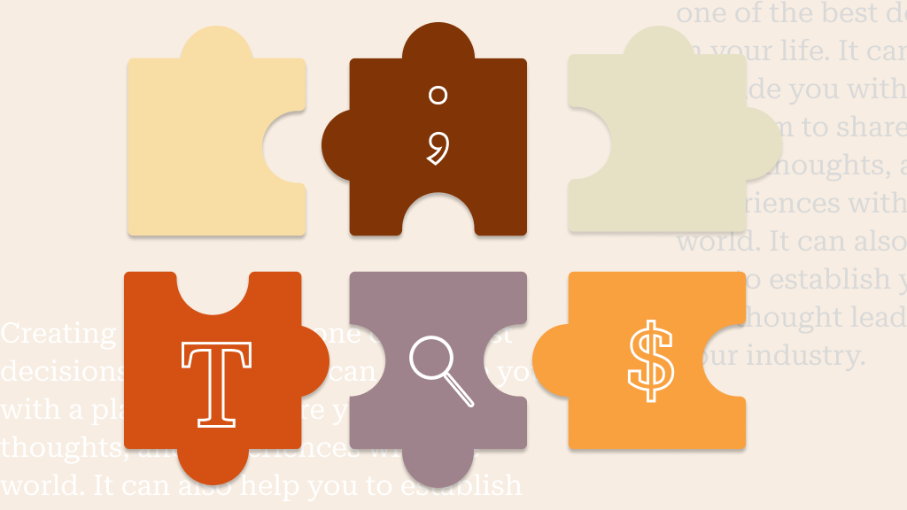 Sześć kawałków puzzli z literą "T", ";", "$" i grafiką lupy na beżowym tle z tekstem