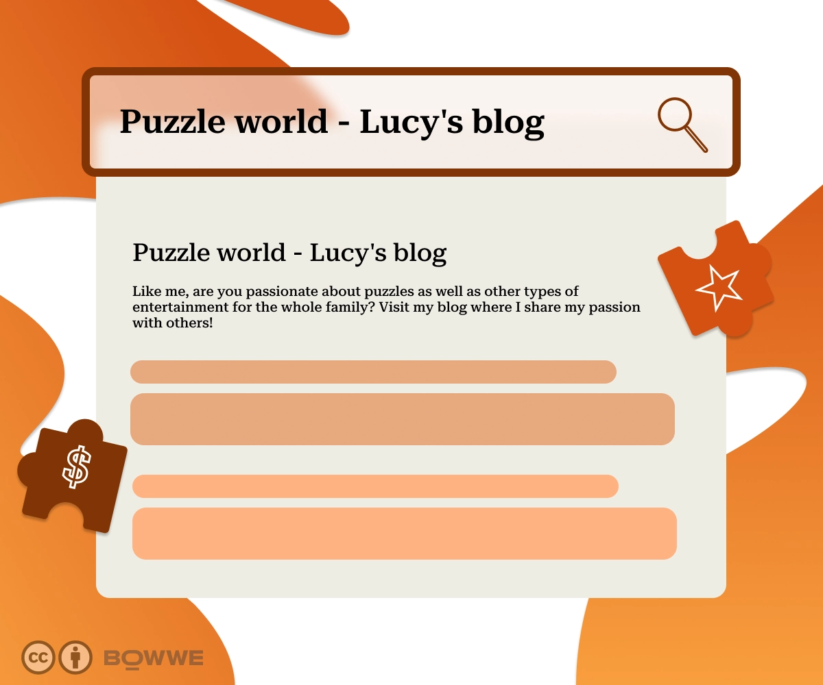 Wyszukiwarka z tekstem "Puzzle world - Lucy's blog". Poniżej znajdują się wyniki wyszukiwania, gdzie tylko pierwszy widok wszyszukiwania jest widoczny z taką samą nazwę jak wyszukiwane hasło
