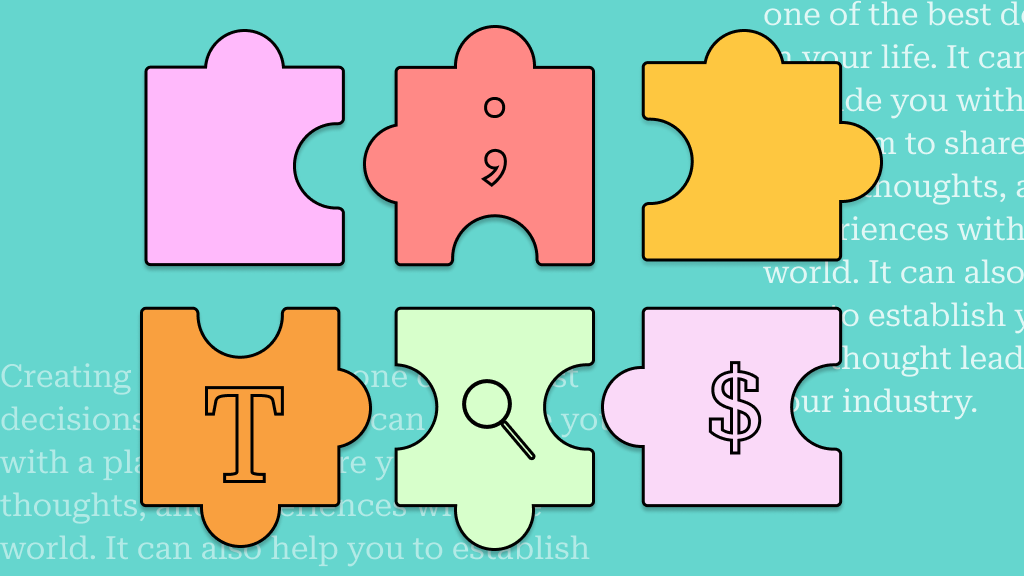 Six puzzle pieces with the letter "T", ";", "$" and a magnifying glass graphic on a beige background with text