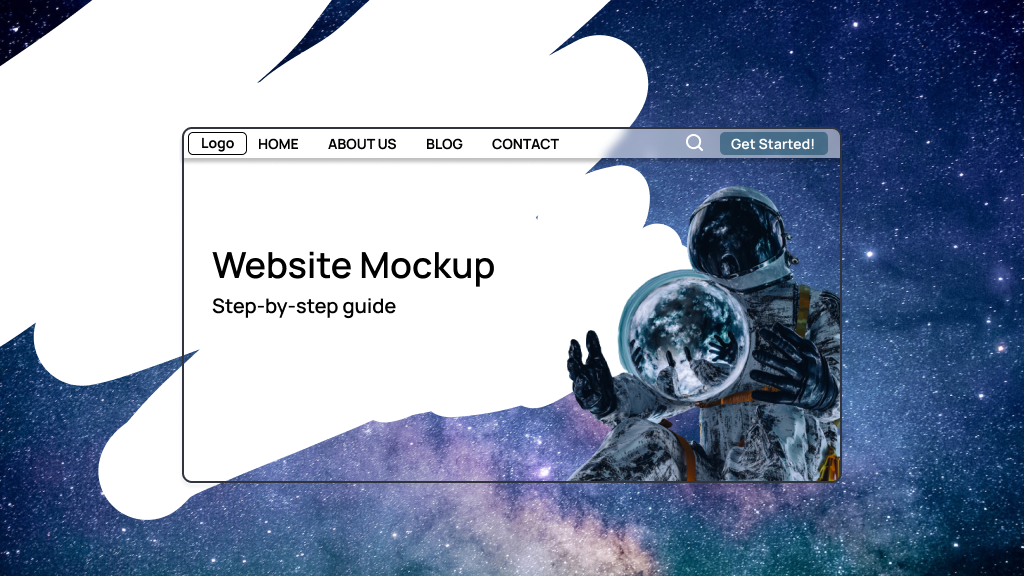 Tło z kosmosem i oknem przeglądarki w którym jest kosmonauta i z napisem "Website Mockup: Step-by-step guide"