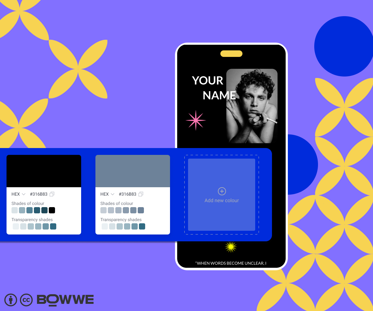 Purple graphics with a cell mockup in the middle with a microsite template overlapped by a dark blue rectangle with three squares showing the color palette