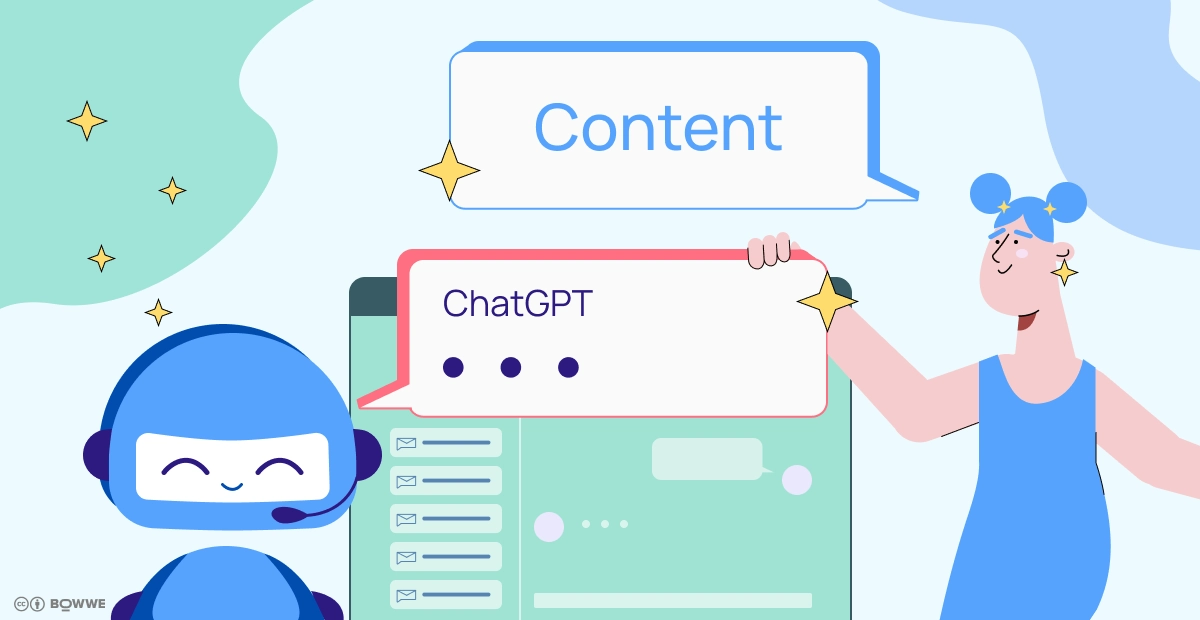 A robot with a balloon in which there are three dots and the word "ChatGPT" in the background you can see a chat interface, and on the other side you can see a girl in a dress with a balloon with the word "Content" 