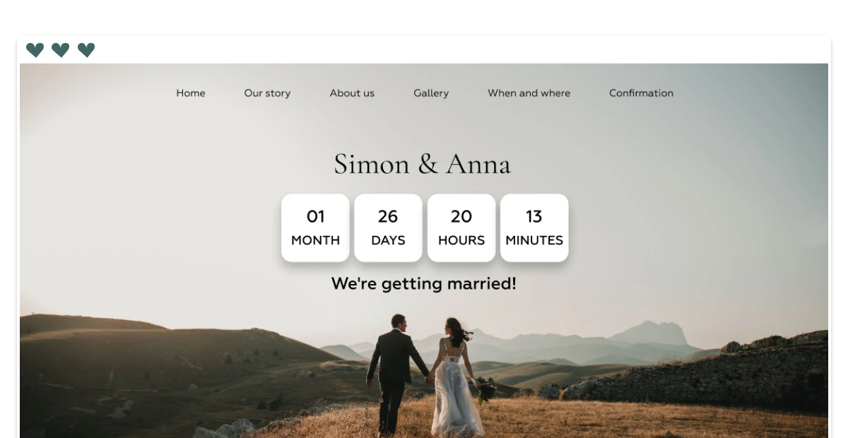 White browser window with wedding website home page template