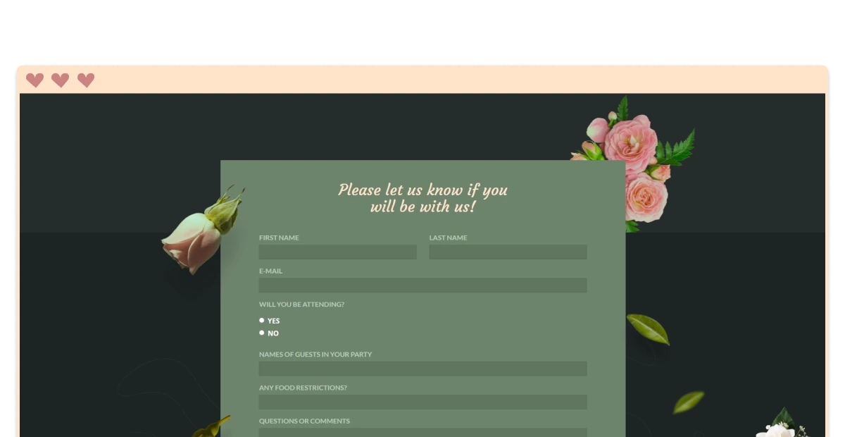 Pink browser window with wedding website template with RSVP section