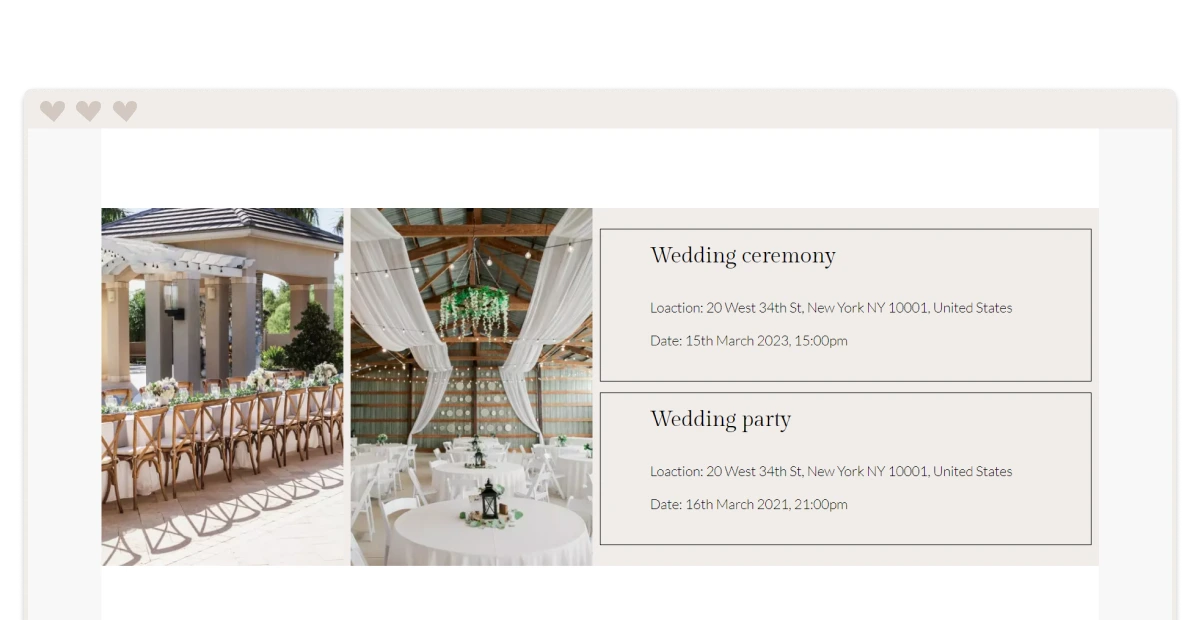 Finestra del browser beige con modello di sito Web per matrimoni con sezione di informazioni sulla cerimonia