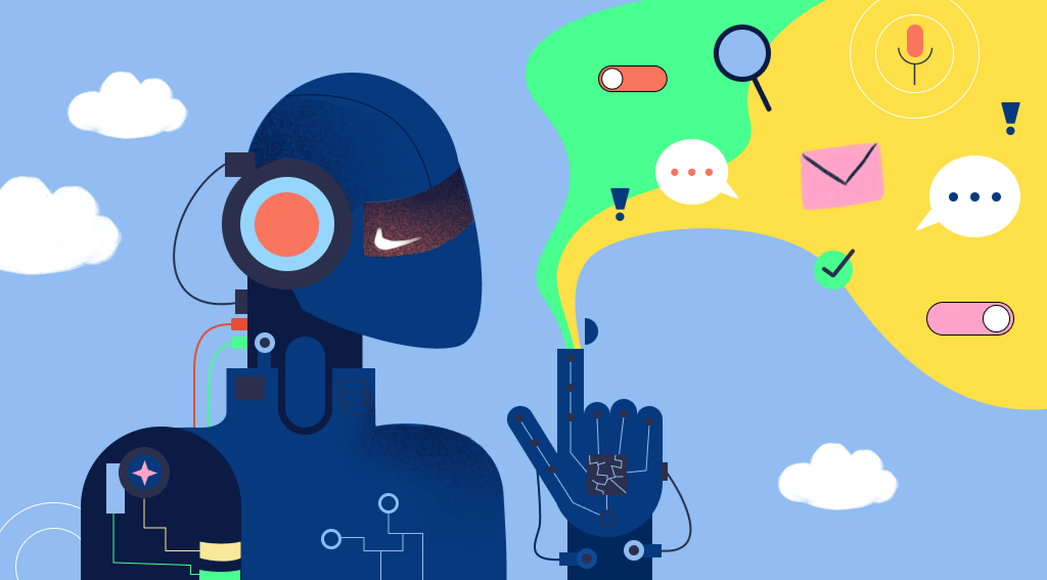 Robot podnoszący palec w górę, z którego wypływa zielono-żółta chmura zawierająca ikony związane z marketingiem