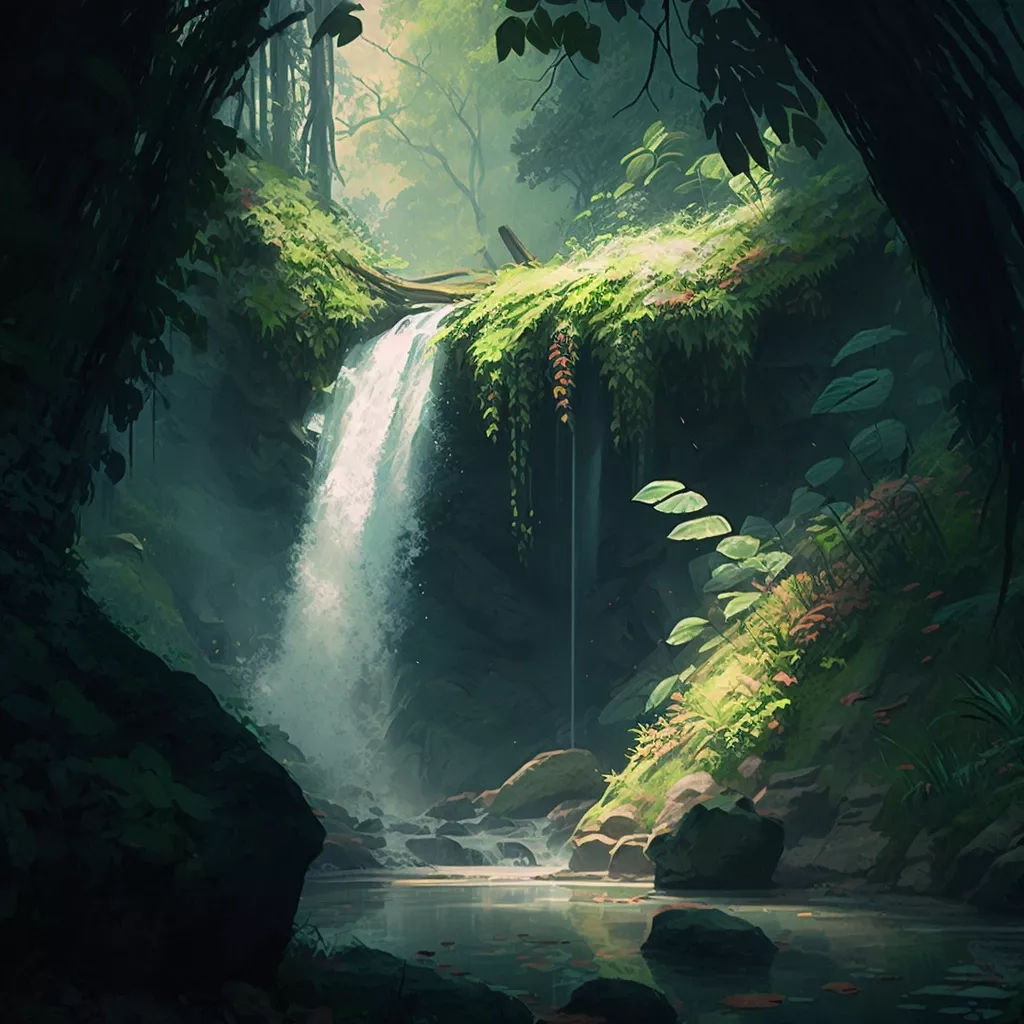 A serene waterfall in a lush tropical forest, with sunlight filtering through the canopy