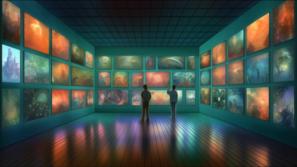 Two people in art gallery looking at art pictures