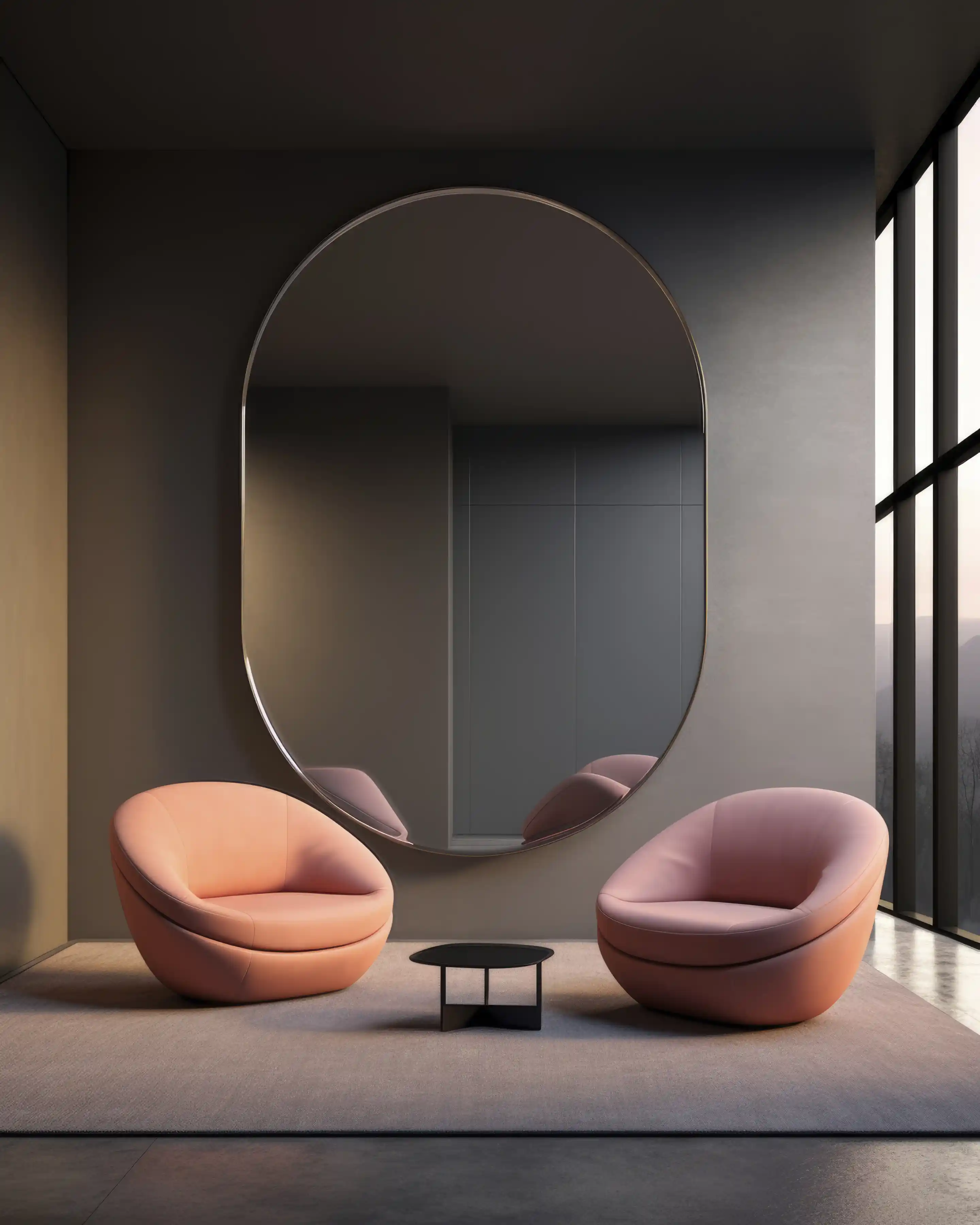 Zwei rosa Sessel in einem dunklen Raum