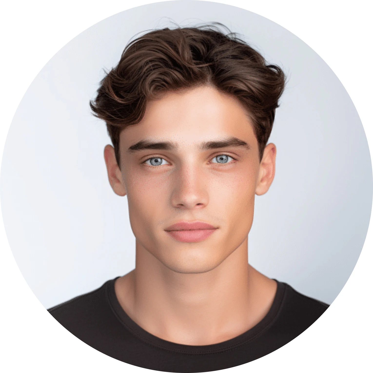 young guy with dark wavy hair and a dark T-shirt