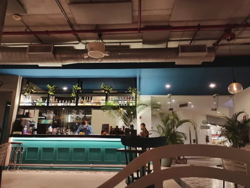 restaurant in light colors with large plants