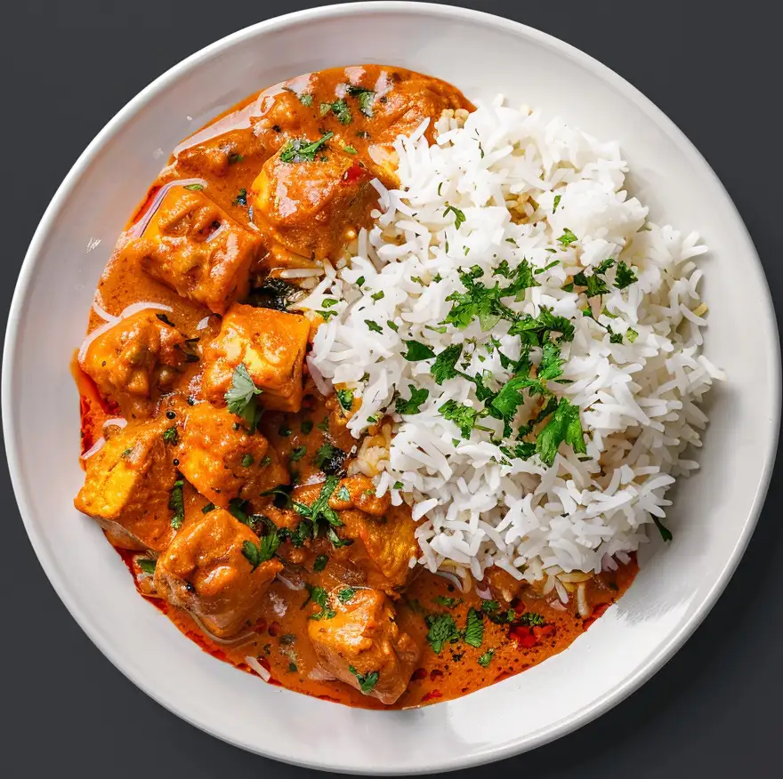 Chicken pieces of meat in a spicy red-orange broth with white rice