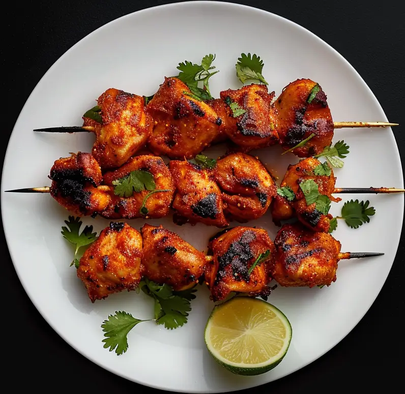 Chicken pieces on skewers generously seasoned with lime on a plate