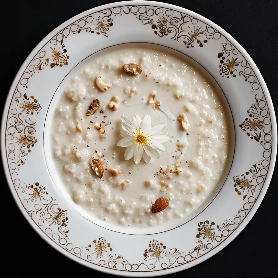 White porridge with nuts and flowers