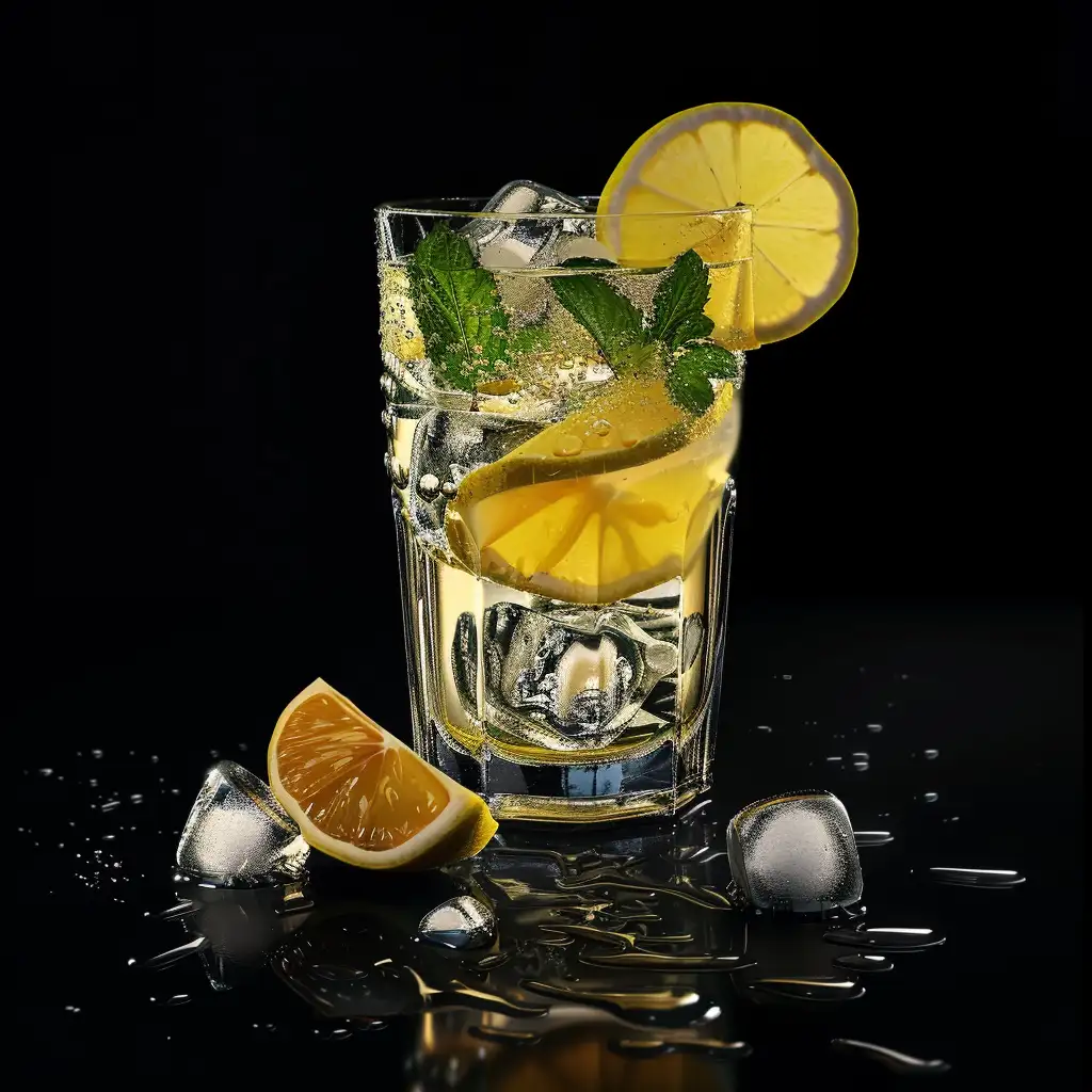 Clear drink in a tall glass with ice and lemon