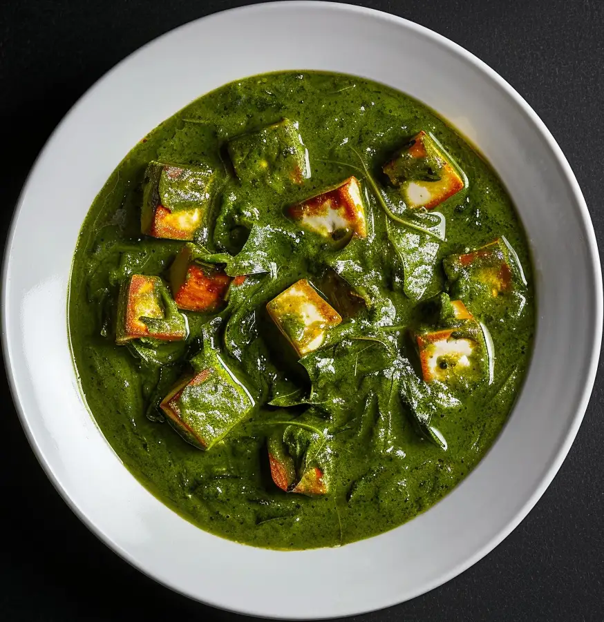 Paneer in creamy spinach gravy with spices.