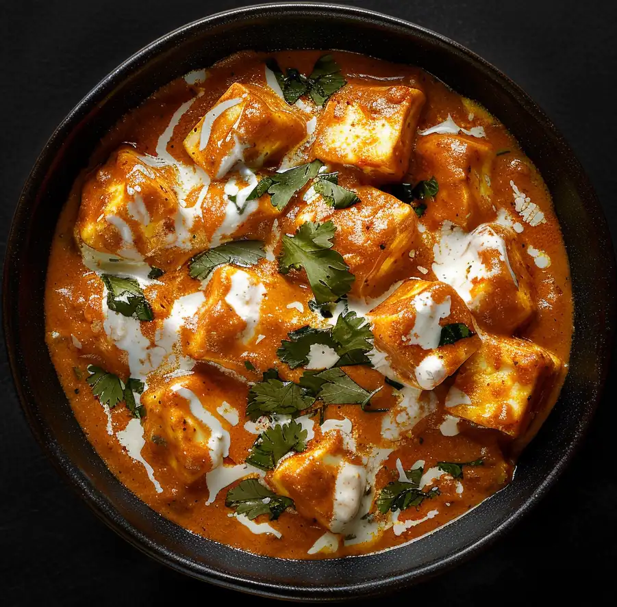 paneer and grilled vegetables in a spicy red broth