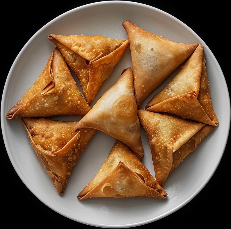 Triangular fried dough envelopes on a white plate