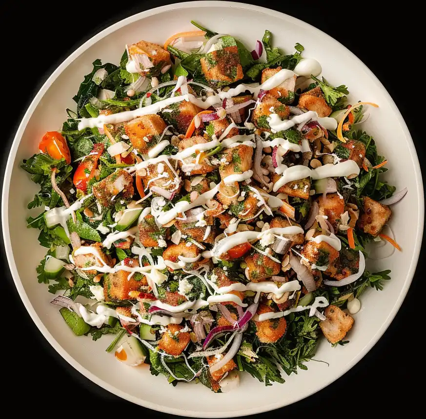 Grilled tandoori chicken, mixed greens, yogurt dressing.