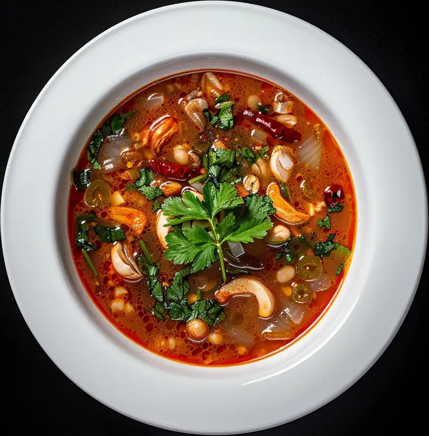 Thai soup with lemongrass, lime, chili, and shrimp.