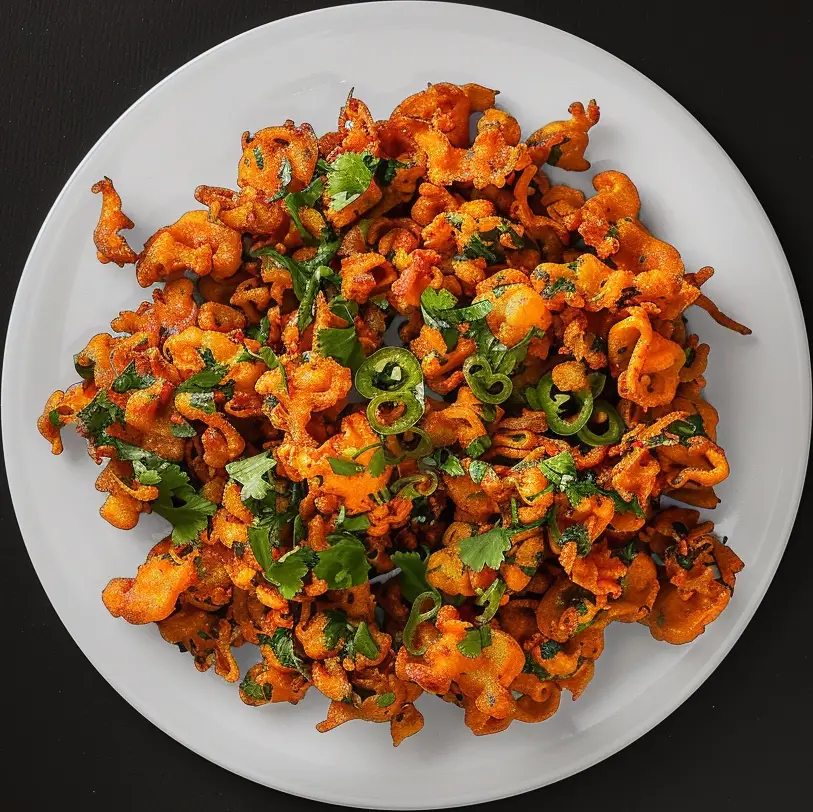 Pasta generously seasoned and topped with vegetables