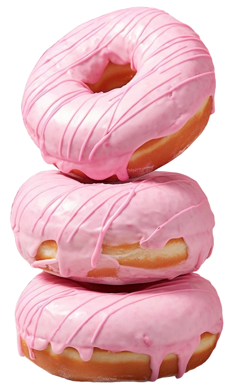 Three donuts lying on top of each other with pink fondant